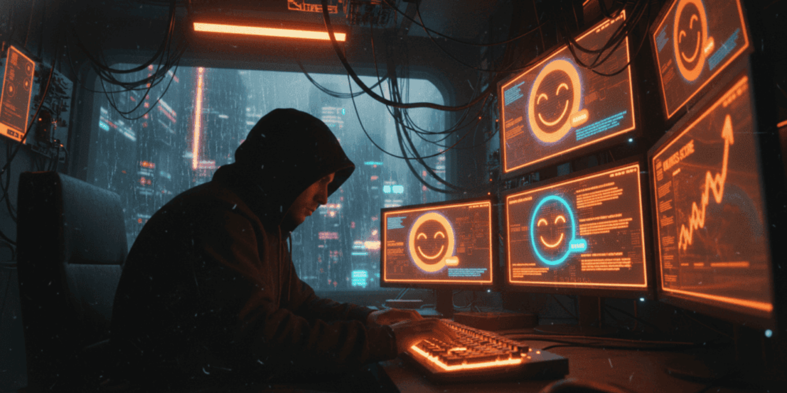 Hacker working on AI chatbots in a high-tech, dark environment with multiple monitors displaying smi.