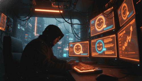 Hacker working on AI chatbots in a high-tech, dark environment with multiple monitors displaying smi.