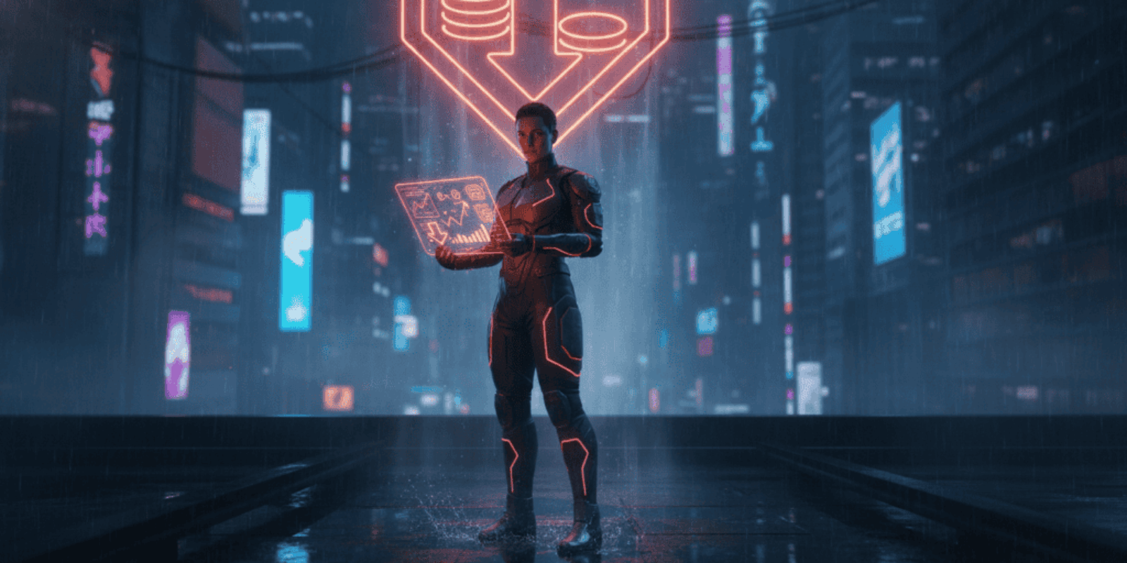 Futuristic woman using AI technology for cost savings in a digital cityscape.