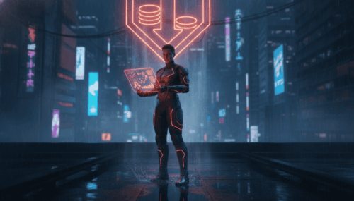 Futuristic woman using AI technology for cost savings in a digital cityscape.