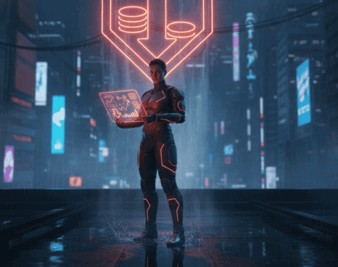 Futuristic woman using AI technology for cost savings in a digital cityscape.