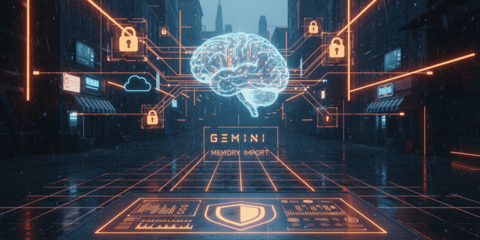 AI brain with data security icons representing privacy and protection in digital infrastructure.