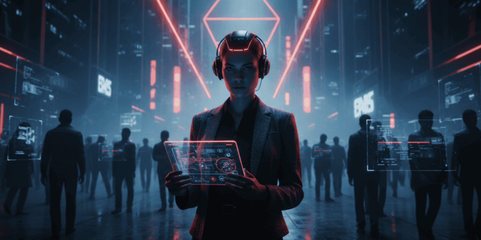 Woman using AI technology at a digital event to stand out in a competitive market.