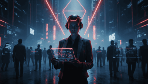 Woman using AI technology at a digital event to stand out in a competitive market.