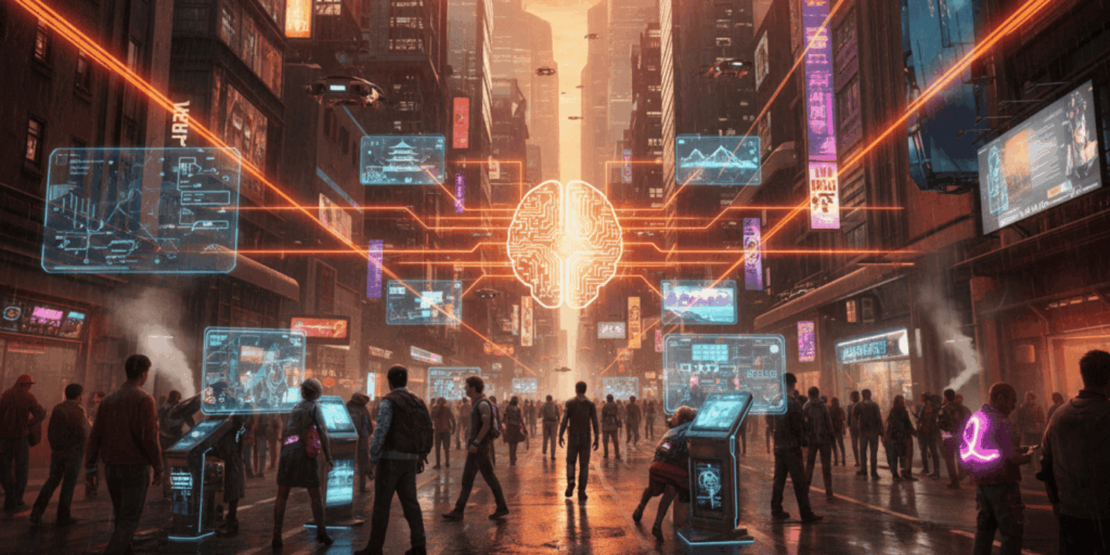 Futuristic city street with digital AI interfaces and holograms for enhanced tourism experiences.