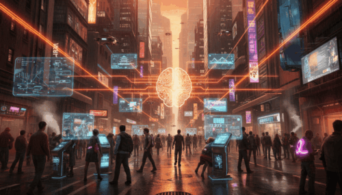 Futuristic city street with digital AI interfaces and holograms for enhanced tourism experiences.