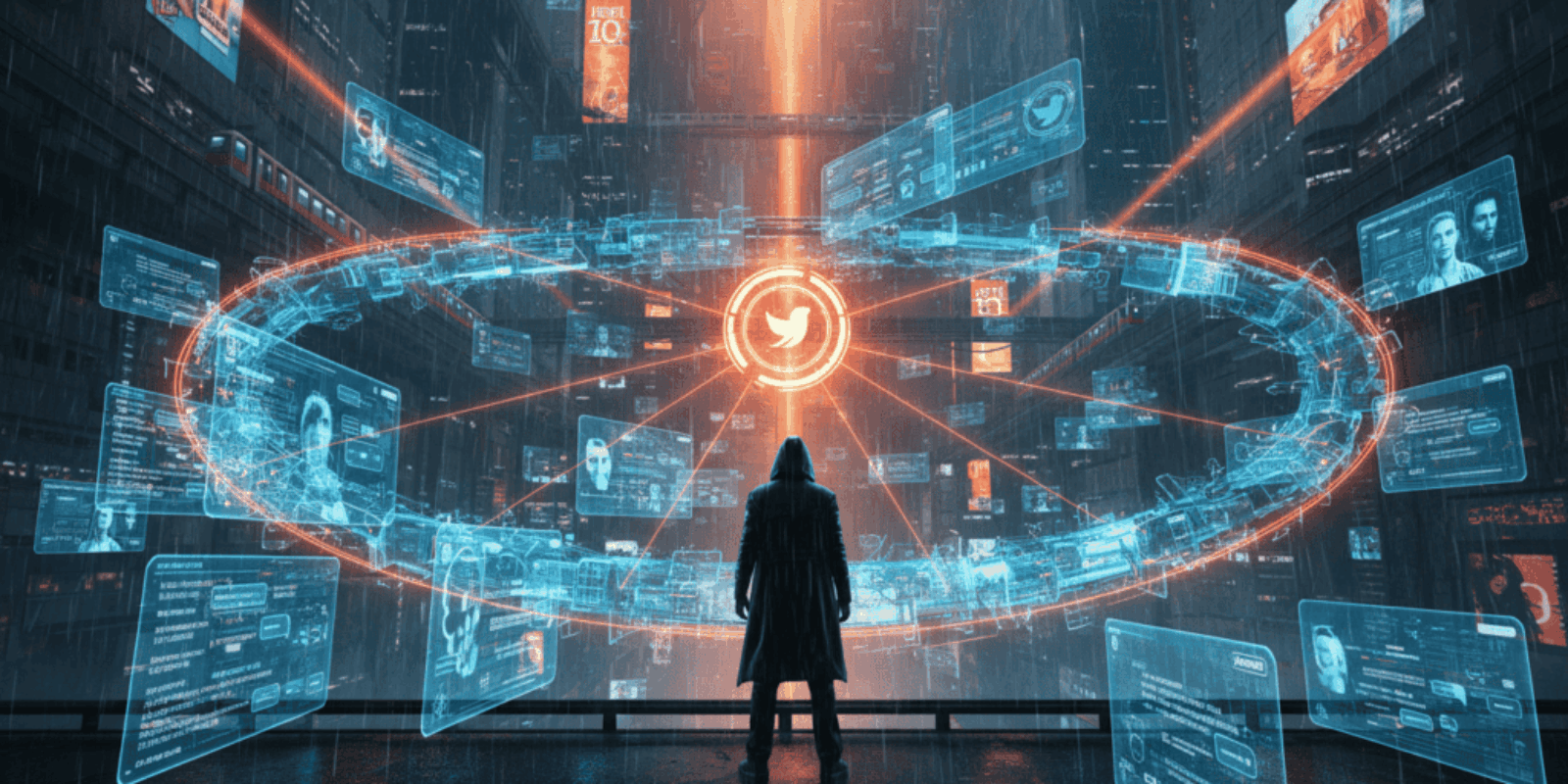 Futuristic digital interface with AI and social media icons in a high-tech cityscape.