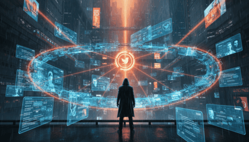 Futuristic digital interface with AI and social media icons in a high-tech cityscape.