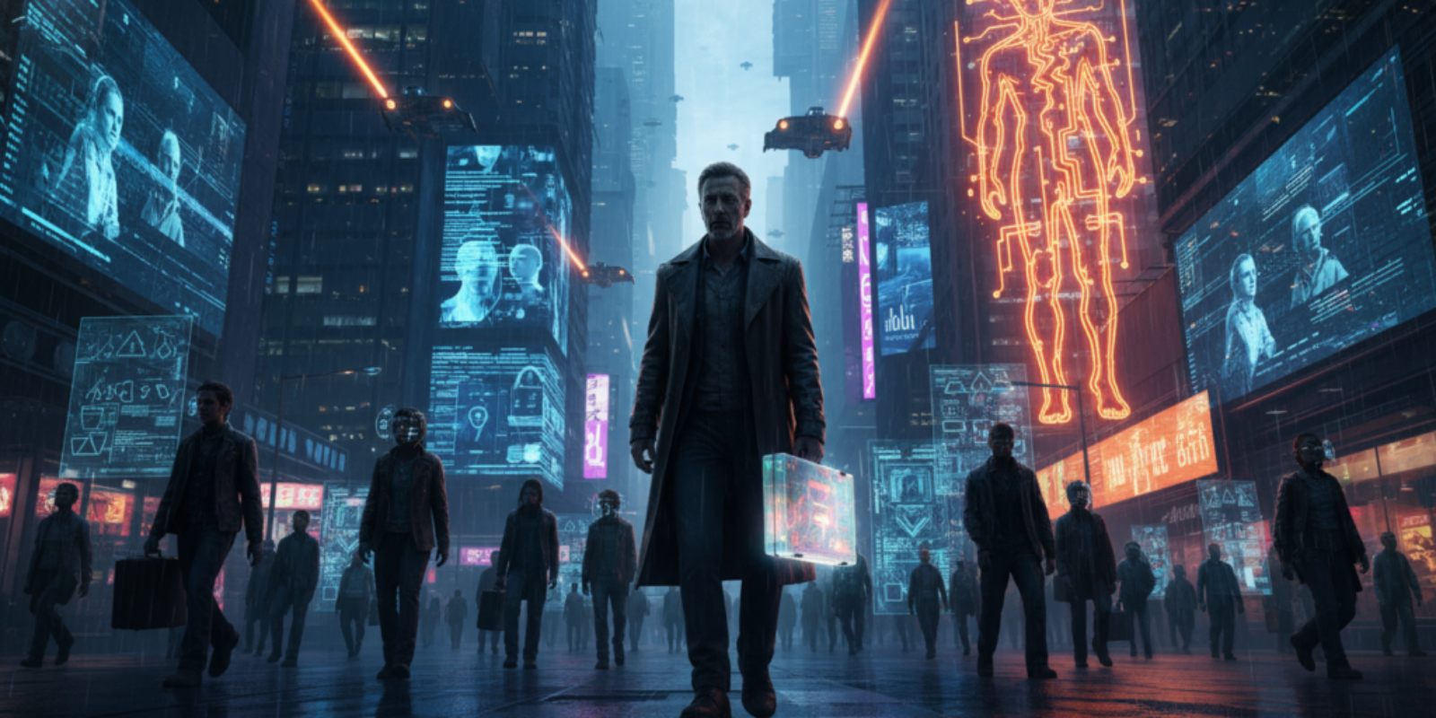 Futuristic city with AI technology and workers navigating digital interfaces.