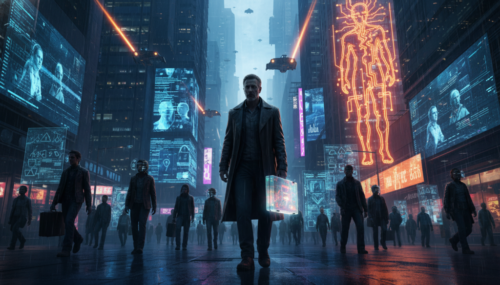 Futuristic city with AI technology and workers navigating digital interfaces.