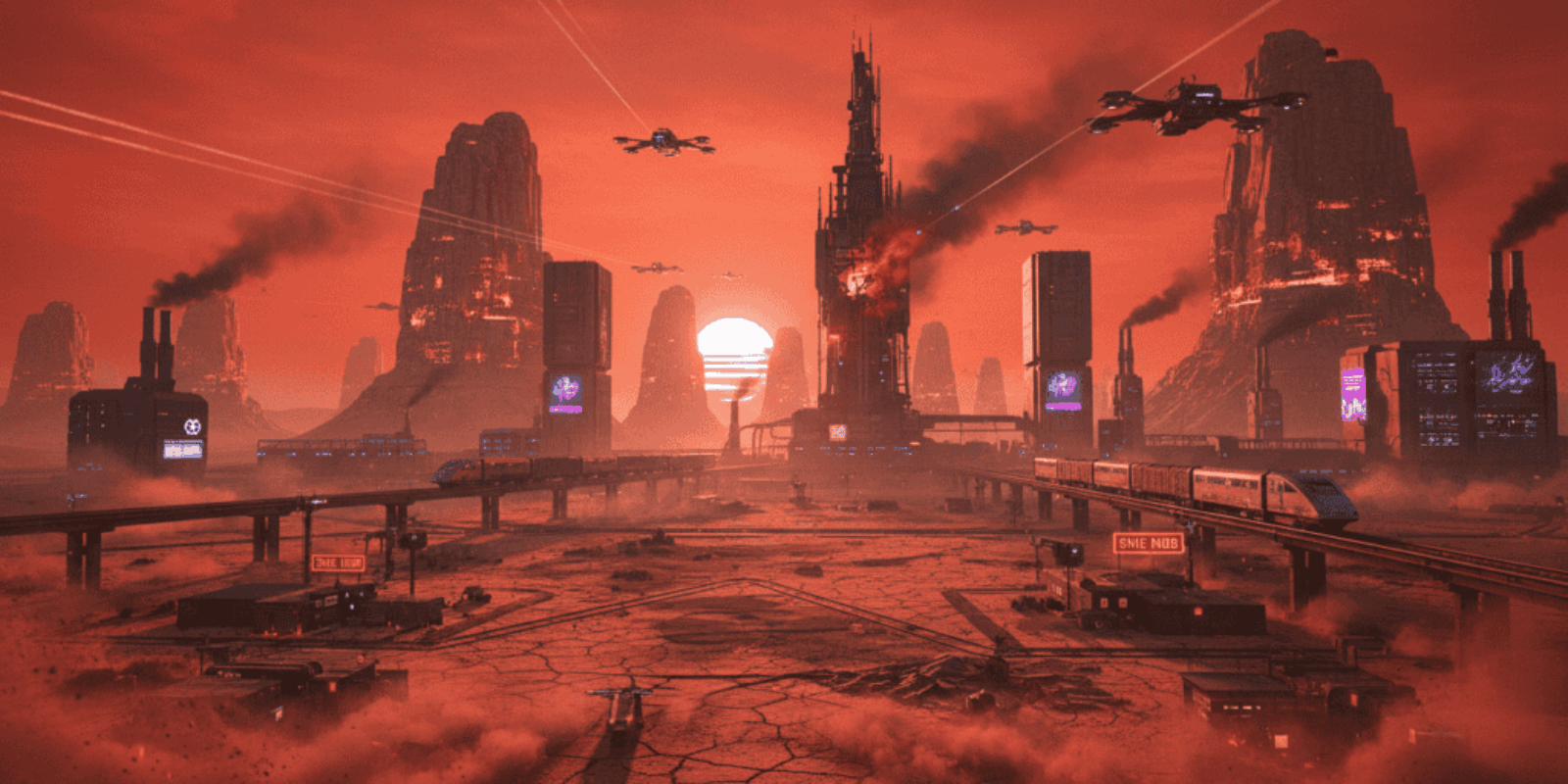 Futuristic cityscape with flying vehicles and red sky, highlighting AI and technological advancement.