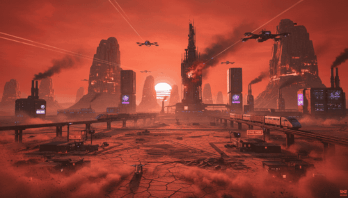 Futuristic cityscape with flying vehicles and red sky, highlighting AI and technological advancement.