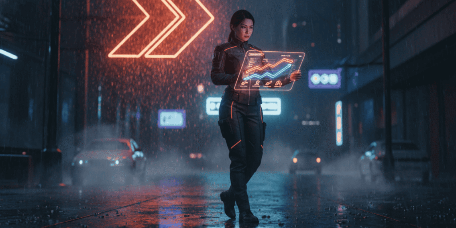 AI and data analysis in a futuristic urban environment at night.