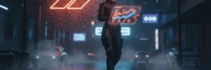 AI and data analysis in a futuristic urban environment at night.