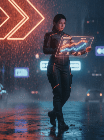 AI and data analysis in a futuristic urban environment at night.