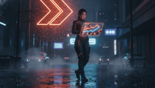 AI and data analysis in a futuristic urban environment at night.