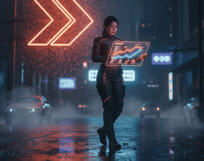 AI and data analysis in a futuristic urban environment at night.