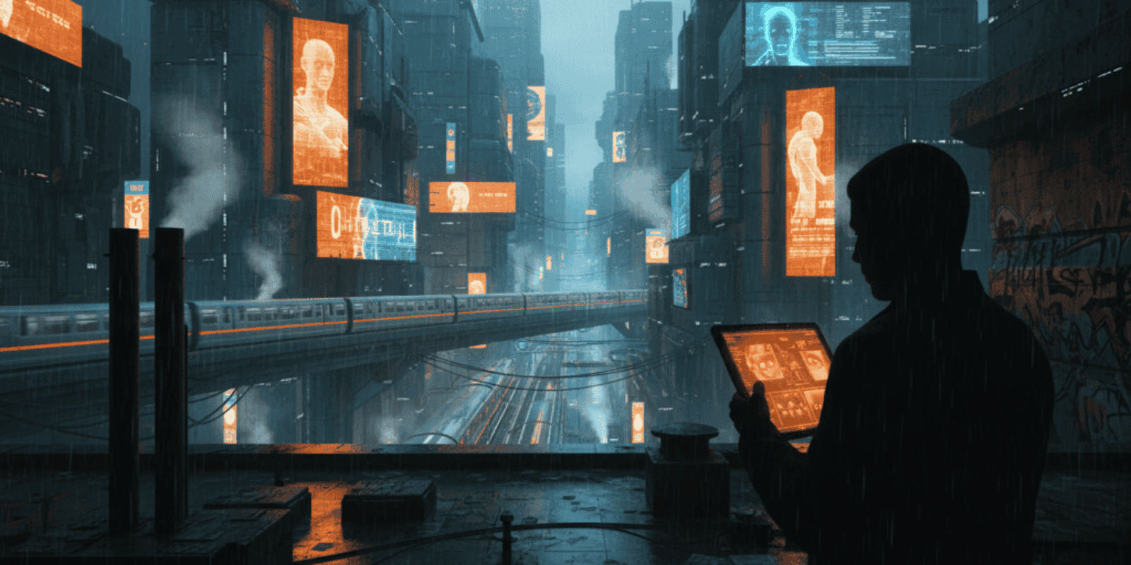 Futuristic city with AI screens and a person using a tablet at night.