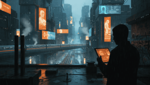Futuristic city with AI screens and a person using a tablet at night.