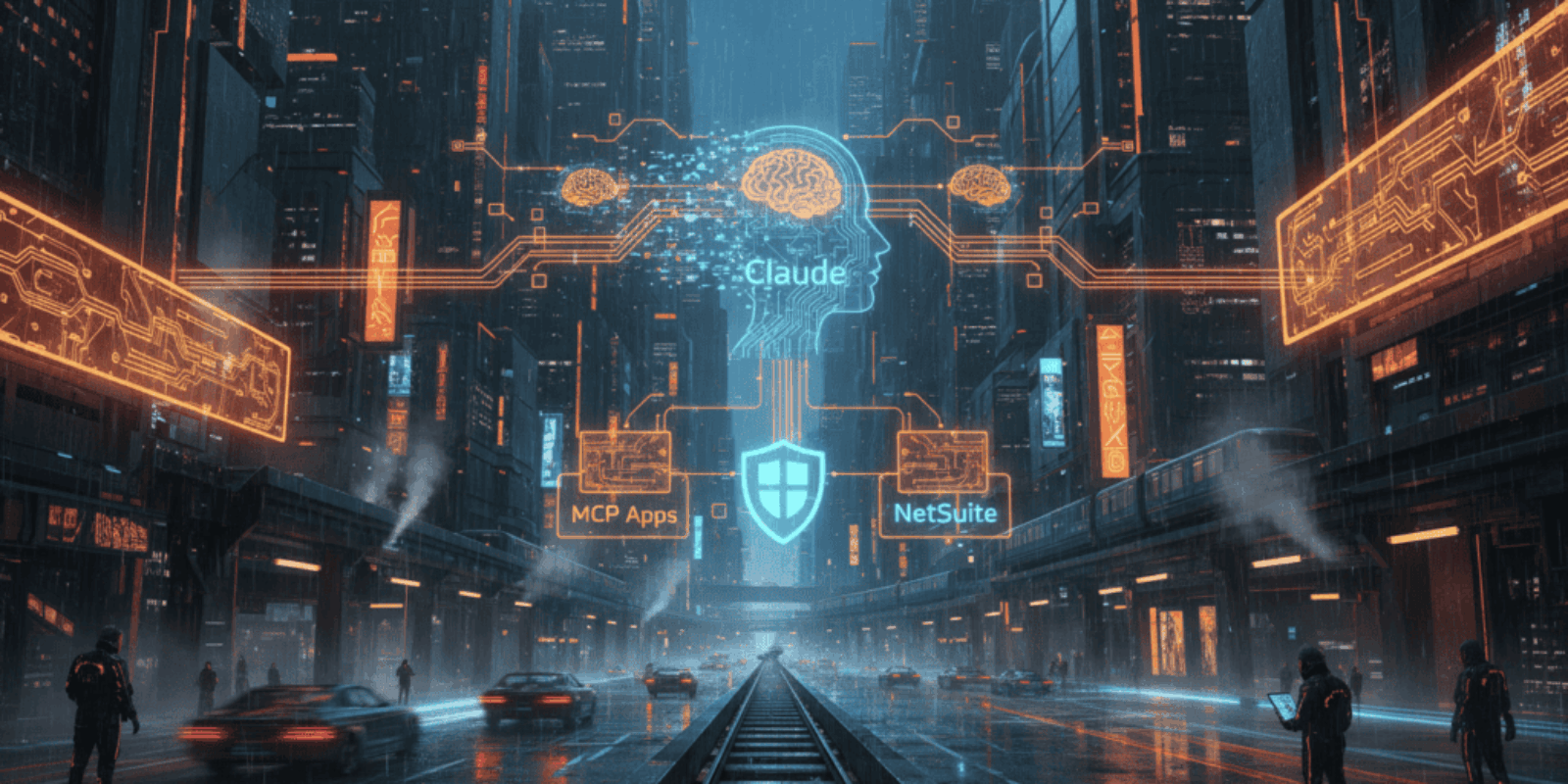 Digital cityscape showing AI connecting NetSuite MCP Apps with Claude for SMBs.