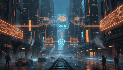 Digital cityscape showing AI connecting NetSuite MCP Apps with Claude for SMBs.