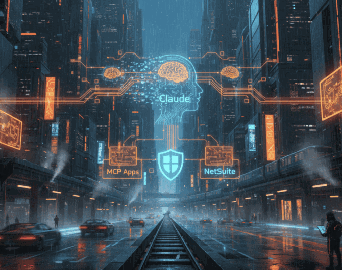 Digital cityscape showing AI connecting NetSuite MCP Apps with Claude for SMBs.