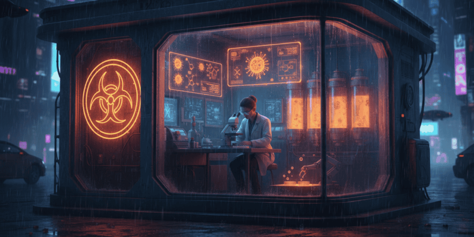 Futuristic biotech lab with a scientist working on immune cells to combat superbugs.