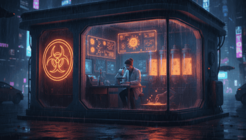 Futuristic biotech lab with a scientist working on immune cells to combat superbugs.