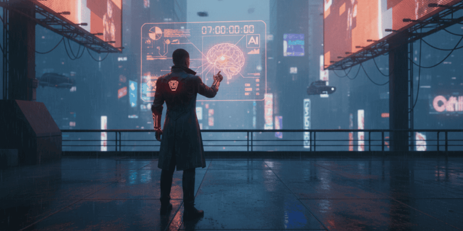 Futuristic cityscape with AI technology and digital interfaces.