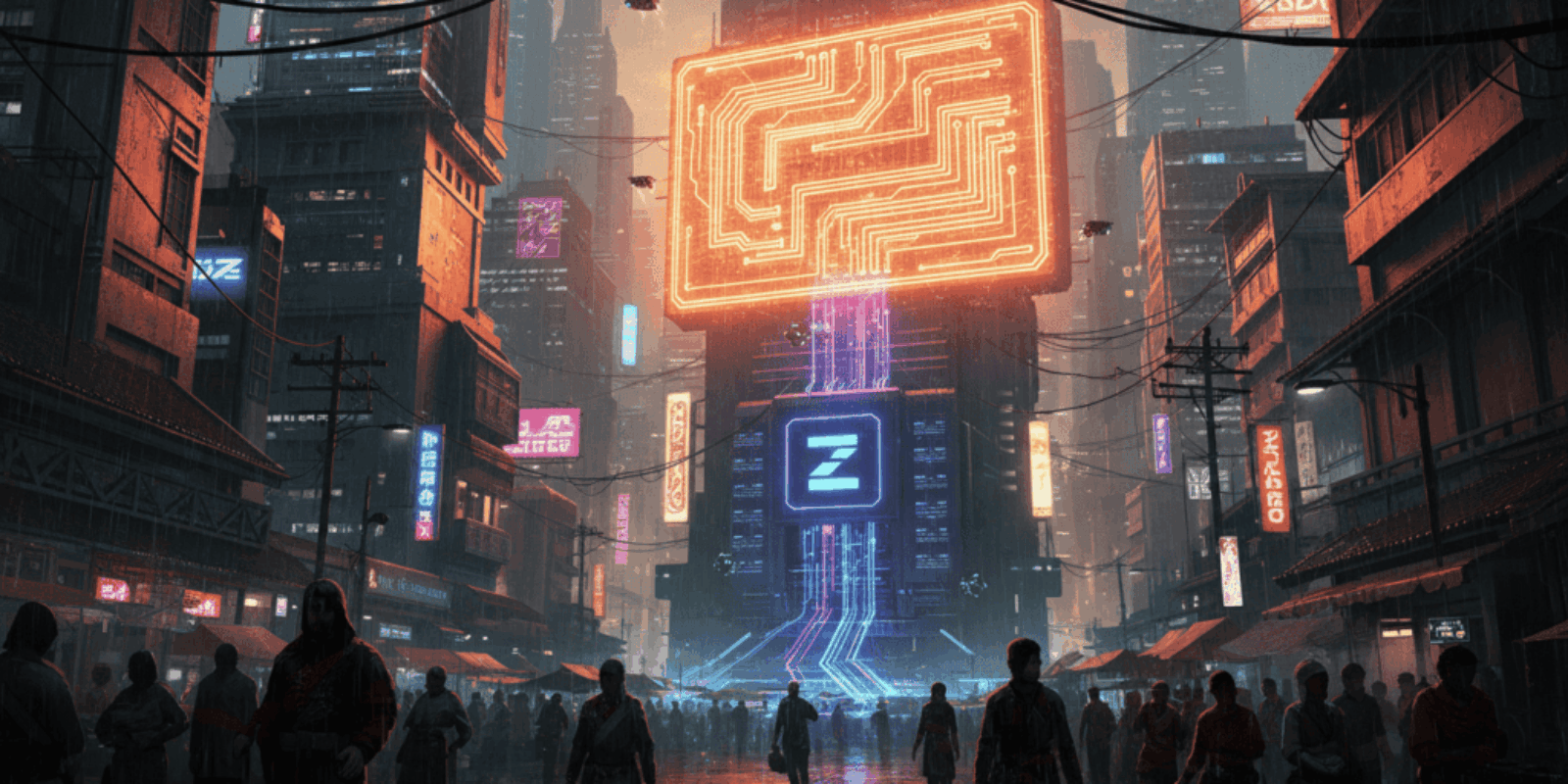 Neon-lit futuristic cityscape with digital billboards and pedestrians in a cyberpunk setting.
