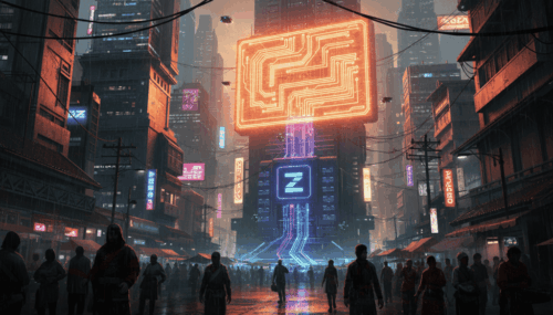 Neon-lit futuristic cityscape with digital billboards and pedestrians in a cyberpunk setting.