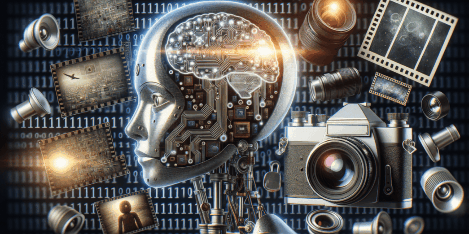 AI and robotics concept with a human-like robot head, camera, and digital elements representing arti.