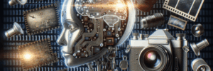 AI and robotics concept with a human-like robot head, camera, and digital elements representing arti.