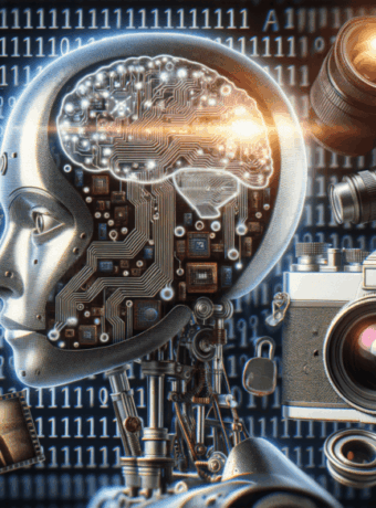 AI and robotics concept with a human-like robot head, camera, and digital elements representing arti.