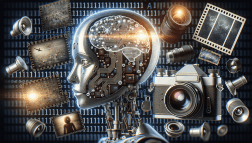 AI and robotics concept with a human-like robot head, camera, and digital elements representing arti.