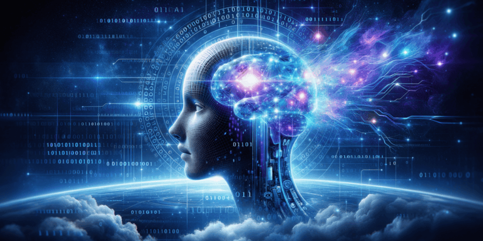 Human profile with digital brain and AI data streams, representing AI era advancements.