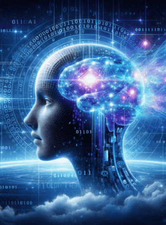 Human profile with digital brain and AI data streams, representing AI era advancements.