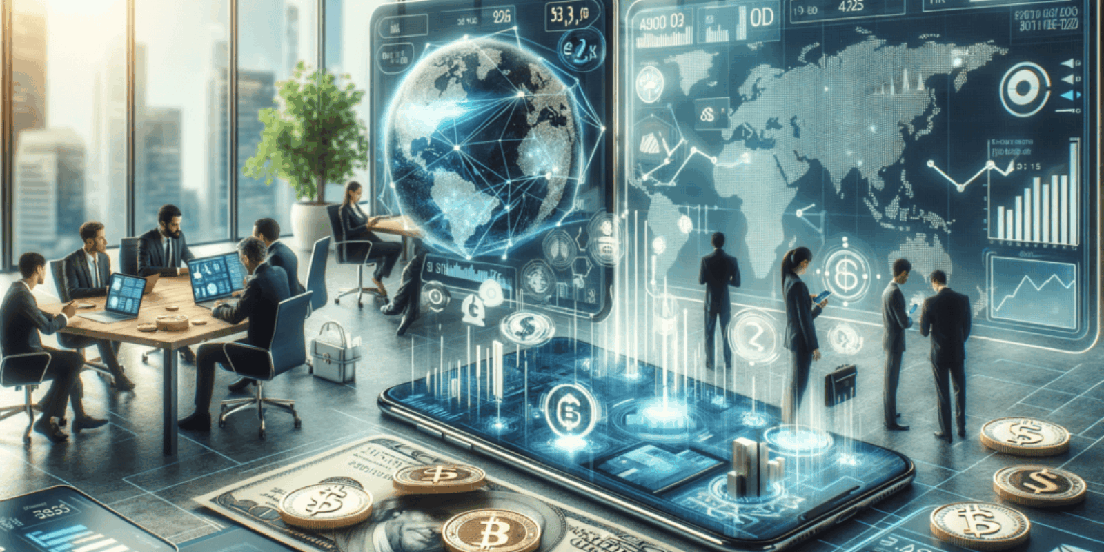 Digital finance and AI technology in a modern office setting.