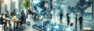 Digital finance and AI technology in a modern office setting.
