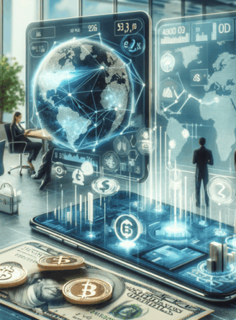 Digital finance and AI technology in a modern office setting.