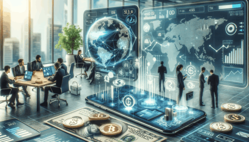 Digital finance and AI technology in a modern office setting.