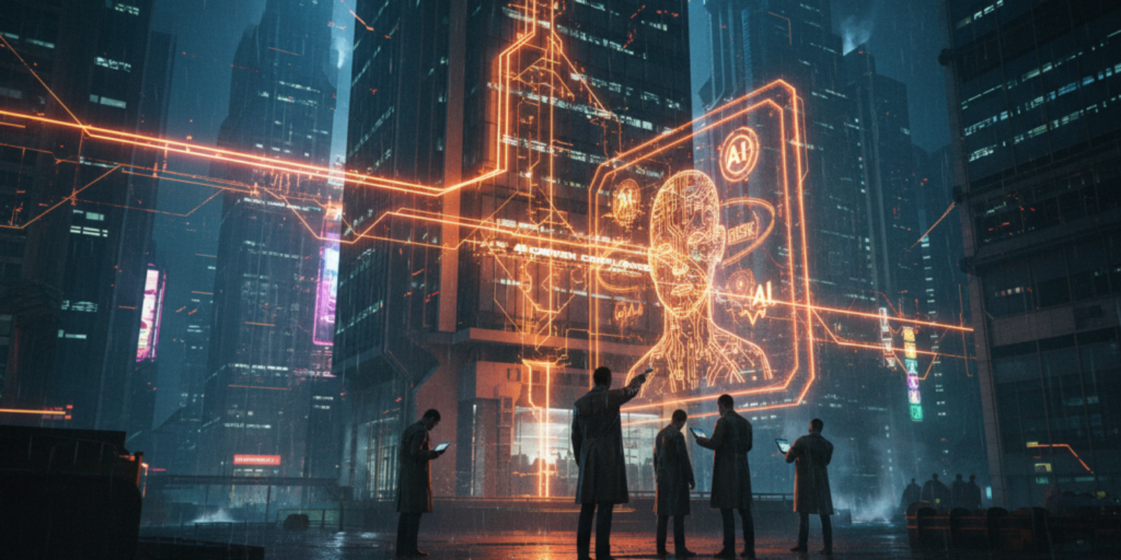 Futuristic cityscape with AI-driven digital security and data networks.