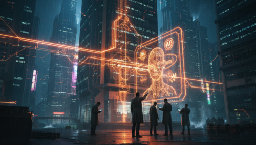 Futuristic cityscape with AI-driven digital security and data networks.