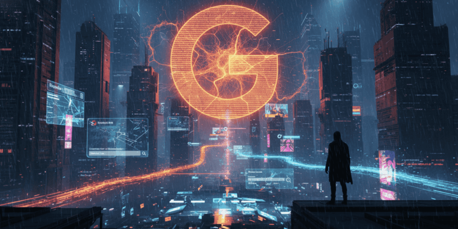 AI-powered city with digital data streams and a glowing Google logo.