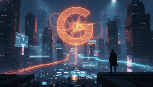 AI-powered city with digital data streams and a glowing Google logo.