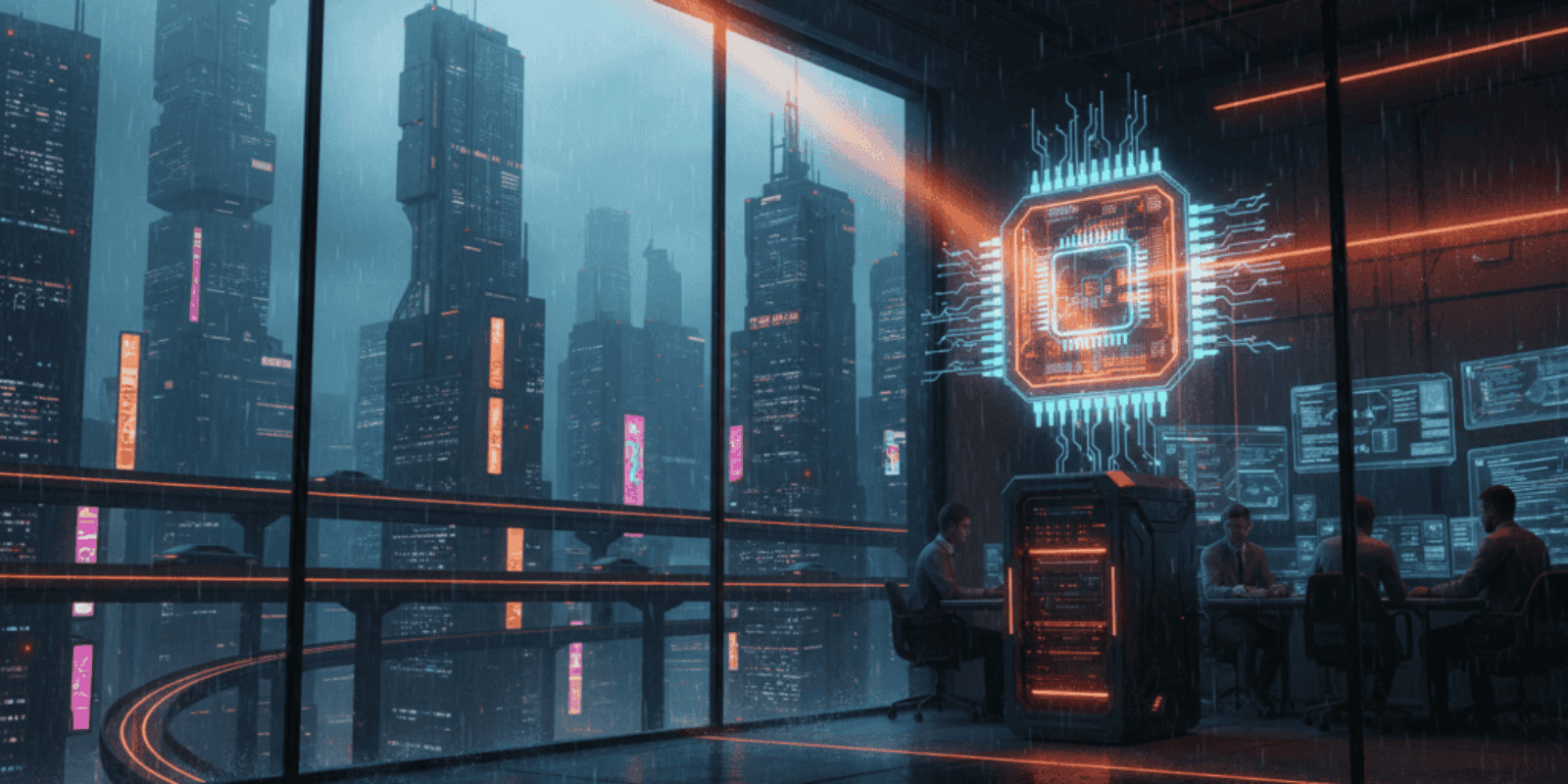 AI data center with futuristic technology and cityscape for enhanced SMB Linux performance.