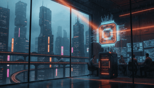 AI data center with futuristic technology and cityscape for enhanced SMB Linux performance.