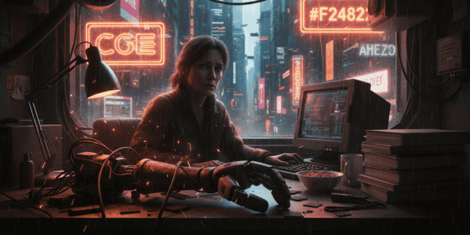 Woman working with AI technology in a neon-lit futuristic office environment.