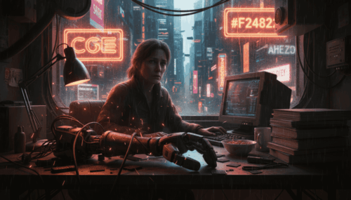 Woman working with AI technology in a neon-lit futuristic office environment.