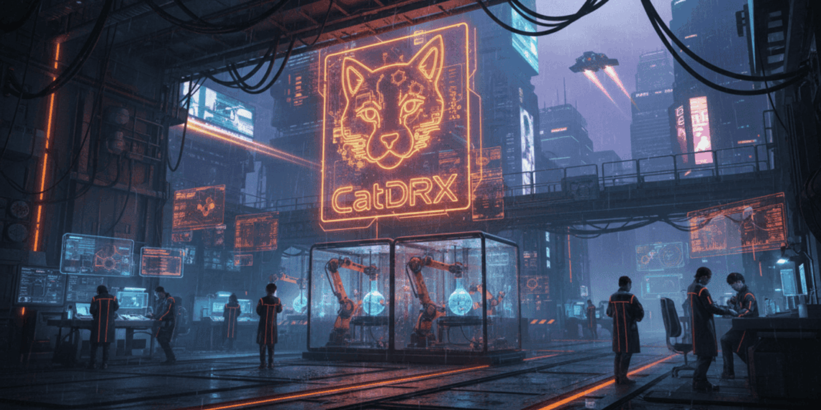 Neon-lit futuristic city with AI-powered robotic research stations and digital displays.